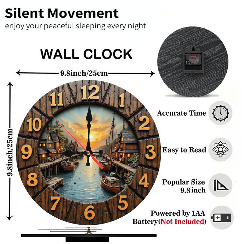 Rustic Wooden Sunset Harbour Wall Clock