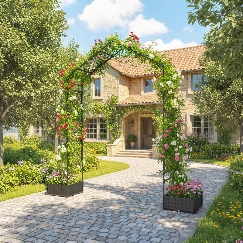 Arche de jardin avec 2 boîtes à fleurs, tonnelle d'extérieur à treillis, noir