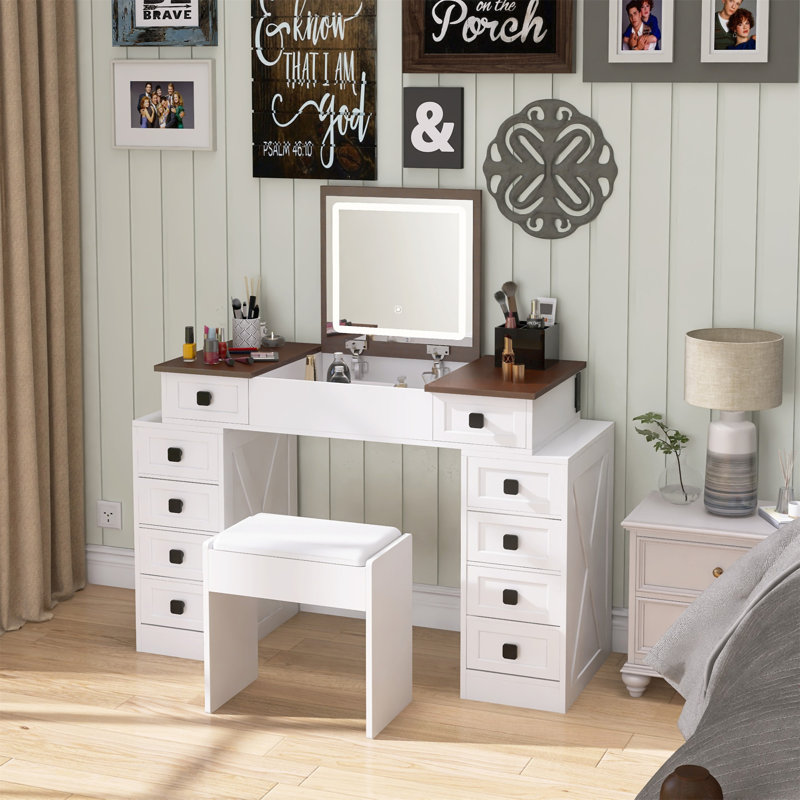 Bureau de meuble-lavabo avec lumière DEL à intensité variable et 10 tiroirs