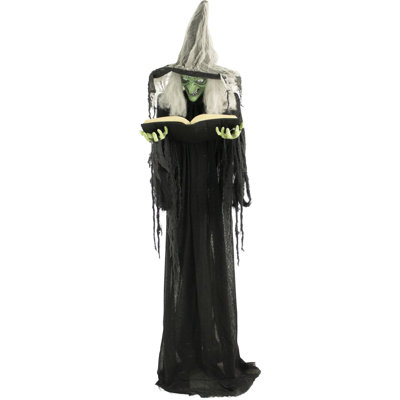 Haunted Hill Farm taille réelle 6 pi. Sorcière posable avec livre de sort, lumières et son, décoration intérieure / extérieure pour Halloween
