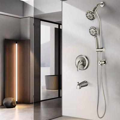 Système de pomme de douche double à 7 réglages avec barre coulissante en acier inoxydable, nickel brossé, bec de baignoire en métal et ensemble de perceuse 5 pouces, 7 réglages,