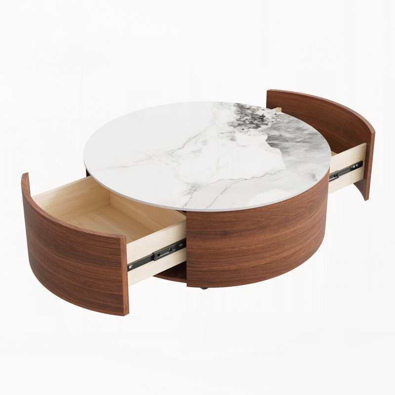 Table basse ronde moderne sur roulettes, 2 tiroirs, plateau en pierre frittée imitation marbre, finition noyer