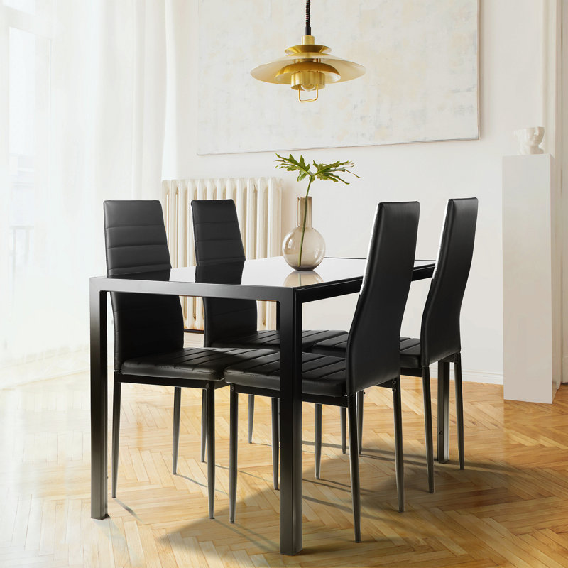 Ensemble de table de salle à manger 5 pièces pour 4 personnes, table de salle à manger en verre trempé pour la cuisine, 4 chaises en similicuir