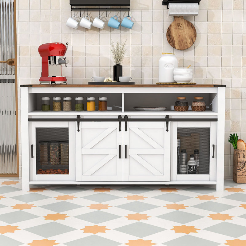Farmhouse Sideboard Cabinet with Sliding Barn Doors, Open Storage Cubbies & Generous Tabletop Space, Brown White