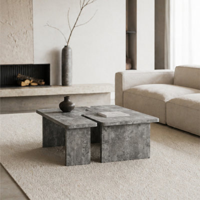 Modular Concrete Coffee Table Set of 2, Nesting L-Shaped Puzzle Center Table, Faux Stone Look Square or Rectangular Cocktail Table with Slab Legs for Modern Industrial Living Room, Slate Gray