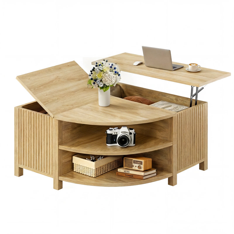 Table basse à plateau relevable cannelé avec rangement et prise de courant 35,4 po Tonicia, Bois naturel