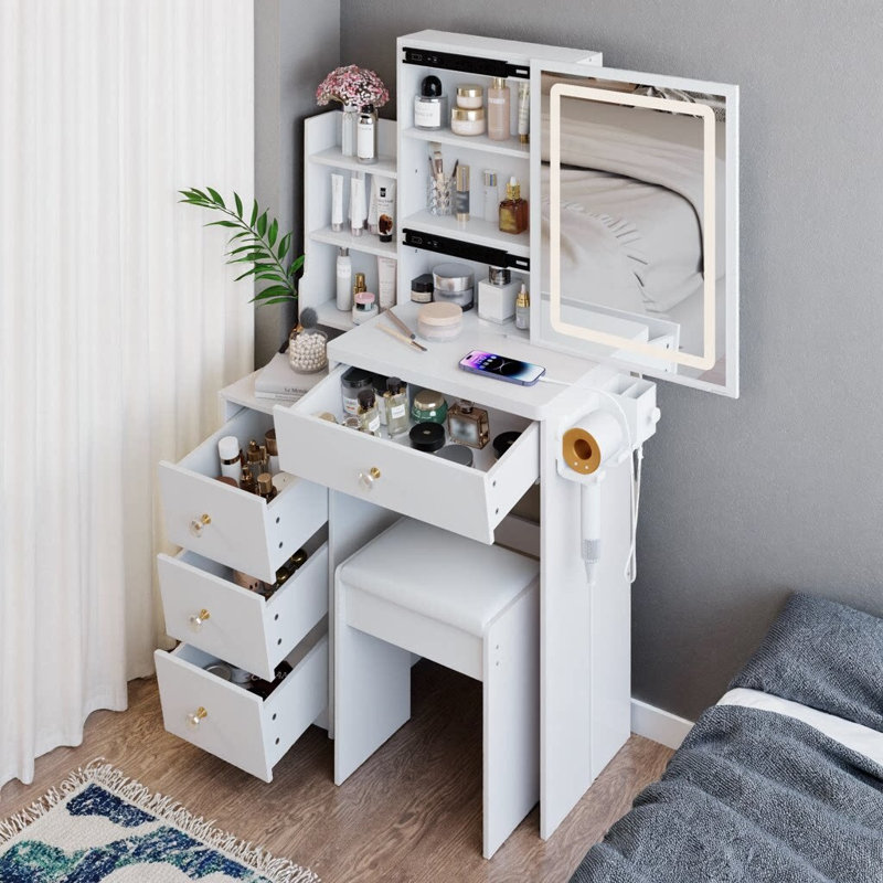 Ensemble de petite coiffeuse 29,2 "avec miroir DEL et centrale électrique | Conception d'armoire latérale, tabouret rembourré, 2 ports CA + 2 ports USB, support pour sèche-cheveux | Miroir coulissant à commande tactile tricolore | Blanc | Certifié EPA, GCC, UL