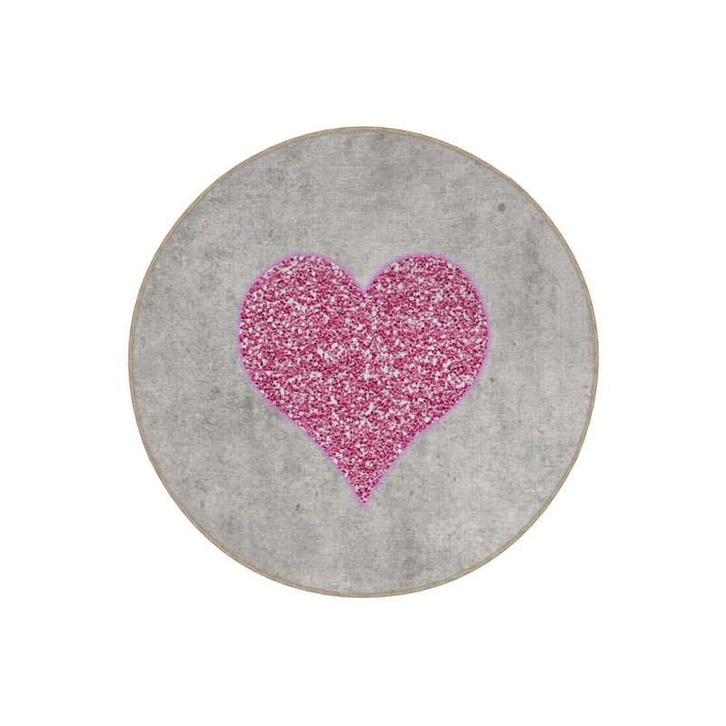 Pink Gray Themed Heart Patterned Round Woven Base Modern Decorative Carpet, Round 5'