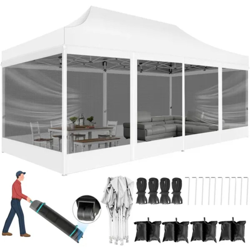 10x20 Canopy Tent, Heavy Duty Pop up Canopy with Sidewalls, Waterproof Easy Setup Canopy with Mosquito Netting, Outdoor Instant Screen Tents for Parties, Wedding, Backyard with Carry Bag