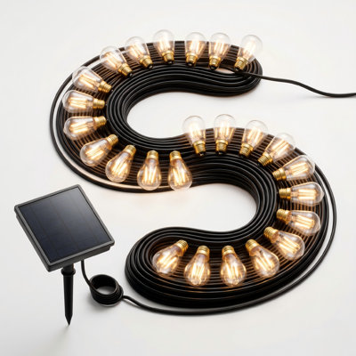 150Ft. Outdoor Solar Powered 24-Light Led St38 String Lights With E12 Base - Waterproof Retro Edison Bulbs For Patio, Garden & Cafe - Warm White (2700K) - Black Wire