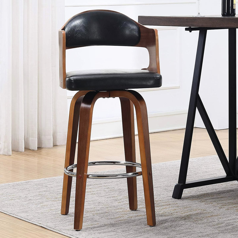 Pivotant Mid-Century de 27 po, ovale sans dossier avec similicuir noir, facile à nettoyer, pour les repas et les coins en cuir, pieds en bois confortables, grandes cuisines ouvertes