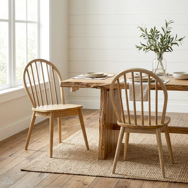 Ensemble de 2 chaises en bois massif délavé Astra avec dossier Windsor, Beige