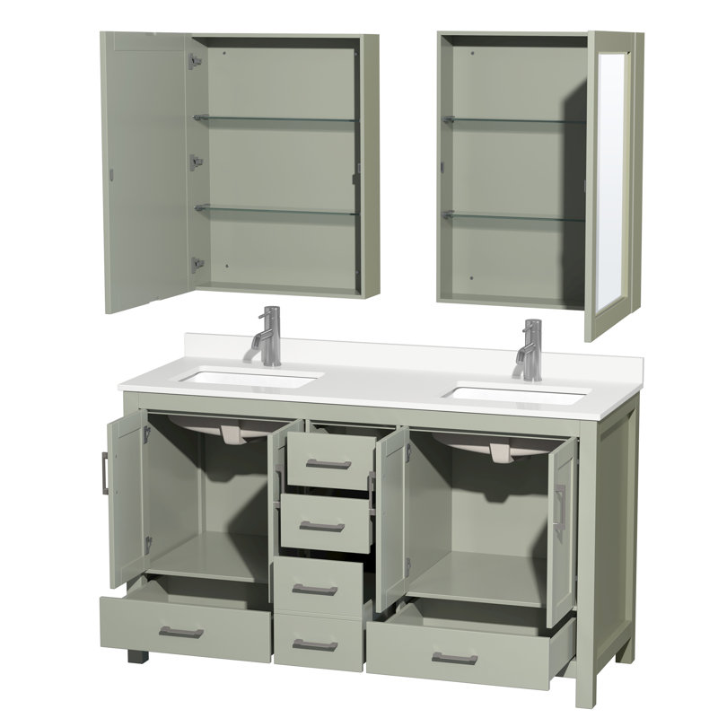 Sheffield 60" Freestanding Double Bathroom Vanity with Quartz Top with Medicine Cabinets, White Quartz, Green, Brushed Nickel