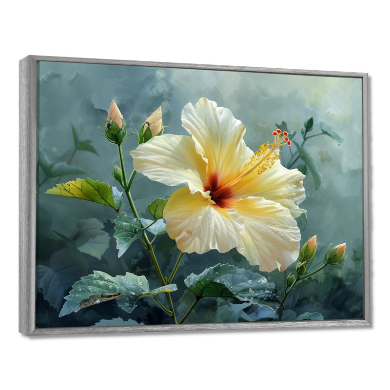 Décoration murale jaune et gris Hibiscus I - Hibiscus, Toile argentée avec cadre flottant, H 12 po x l 20 po x P 1 po
