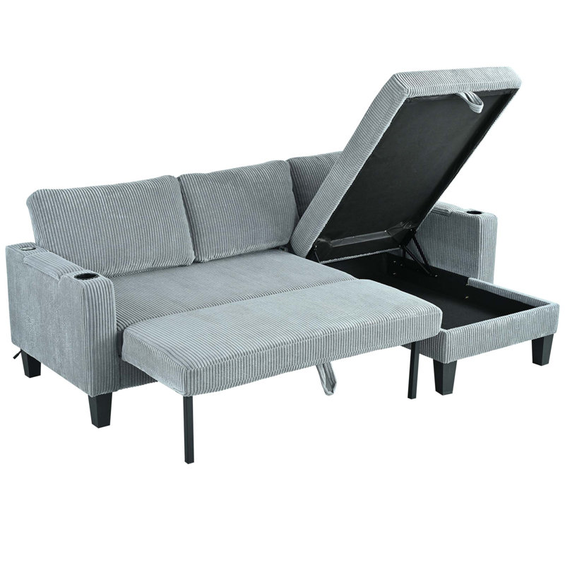 Reversible Sectional Sofa with Storage Chaise and Cup Holder, Gray Corduroy