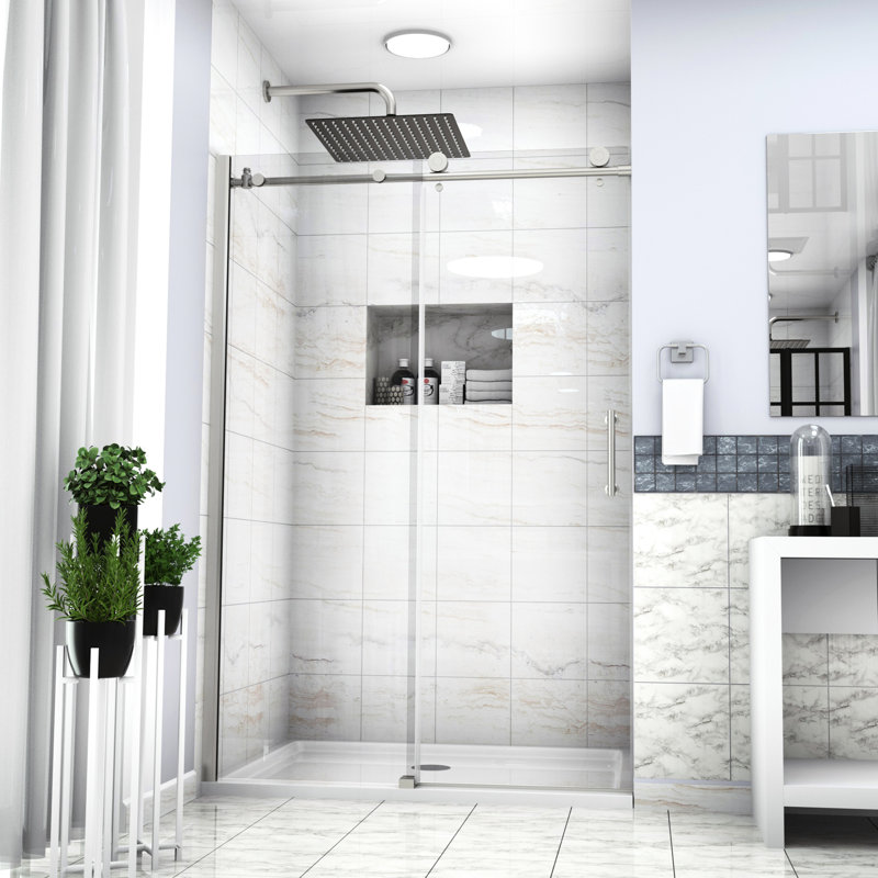 Brushed Nickel Shower Enclosure 48"x76" - Stylish Bathroom Addition With Tempered Glass Materials, Enhances Decor Spare Parts For Maintenance Single Sliding Bypass Clear Glass, Luxury Reversible