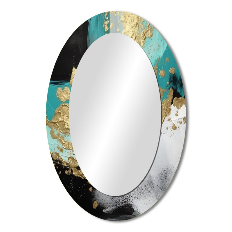Pleine lune bonheur abstrait doré et turquoise abstrait I - miroir mural ovale bleu, 36 po x 24 po