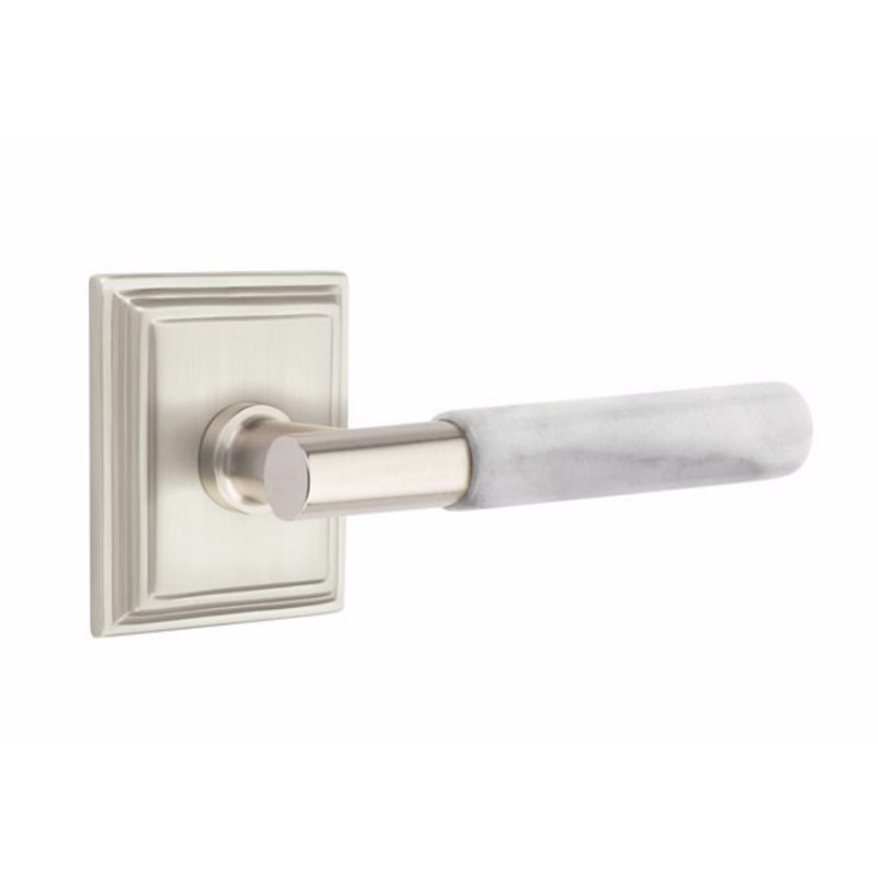 Ensemble de leviers d'intimité Emtek Select, rosette Wilshire, tige en T, poignée en marbre blanc, gauche, Droite