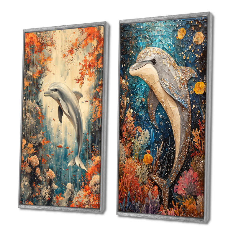 Danse du dauphin au-dessus d'un corail I - Collection d'art mural animaux 2 pièces, H 32 po x l 33 po, Encadrement argenté