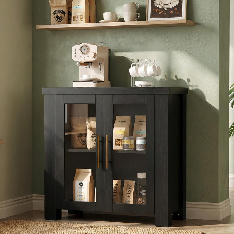 Buffet Cabinet with Storage, Sideboard Credenza with Tempered Glass Doors, Black
