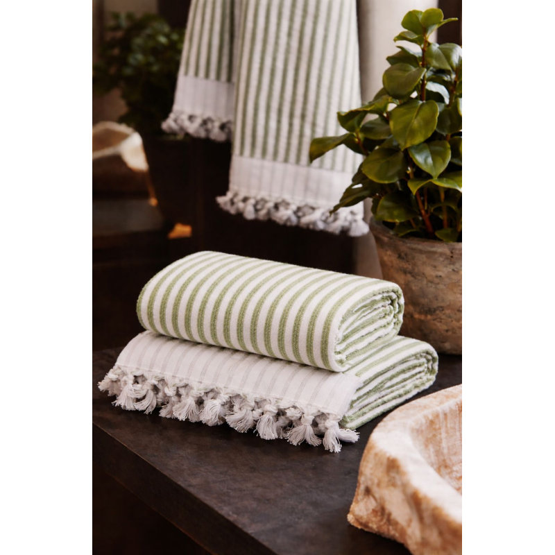 Ensemble de serviettes essuie-mains en coton turc Stripes, Vert sauge