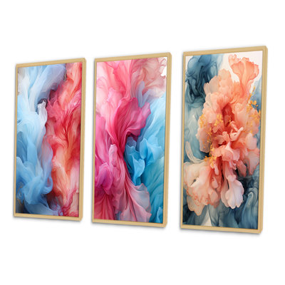 Liquid Purity Ink Wave Abstract In Red & Blue - Abstract Liquid Ink Art Set Of 3 Pieces