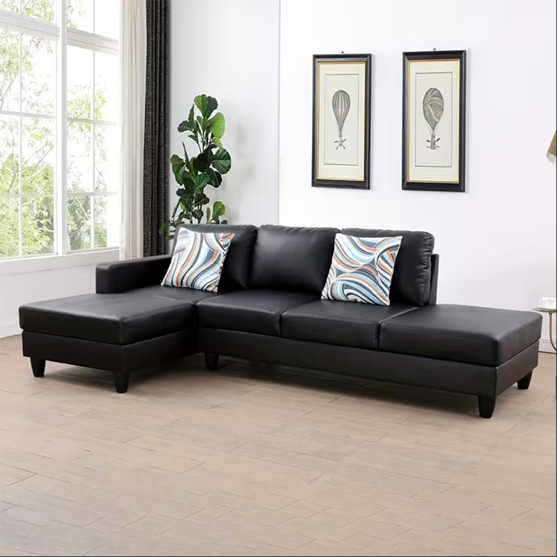 2-piece Black Faux Leather L-shaped Sectional Sofa, Left Hand Facing