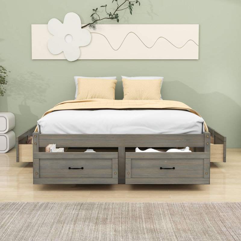 Lit plateforme en bois avec 6 tiroirs de rangement, Gris antique, Double