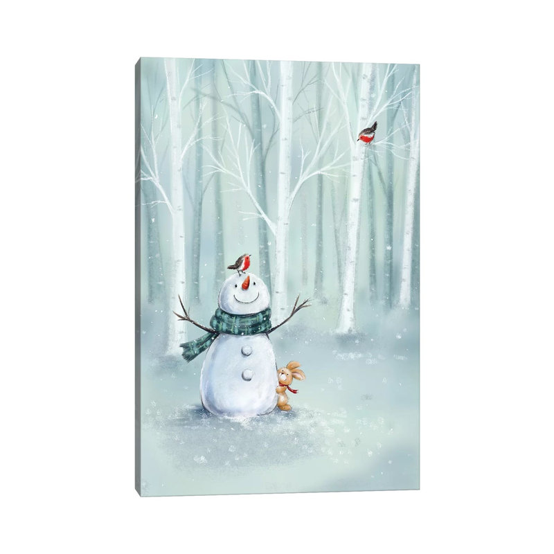 «Snowman in Wood II» par Makiko, reproduction d'art sur toile tendue, H 12 po x l 8 po x P 0,75 po