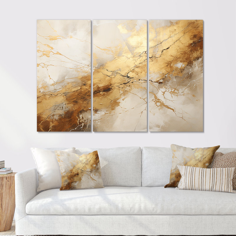 «Beige and Gold Marble Lightning I», ensemble d'art mural sur toile à formes abstraites, H 32 po x l 48 po x P 1 po