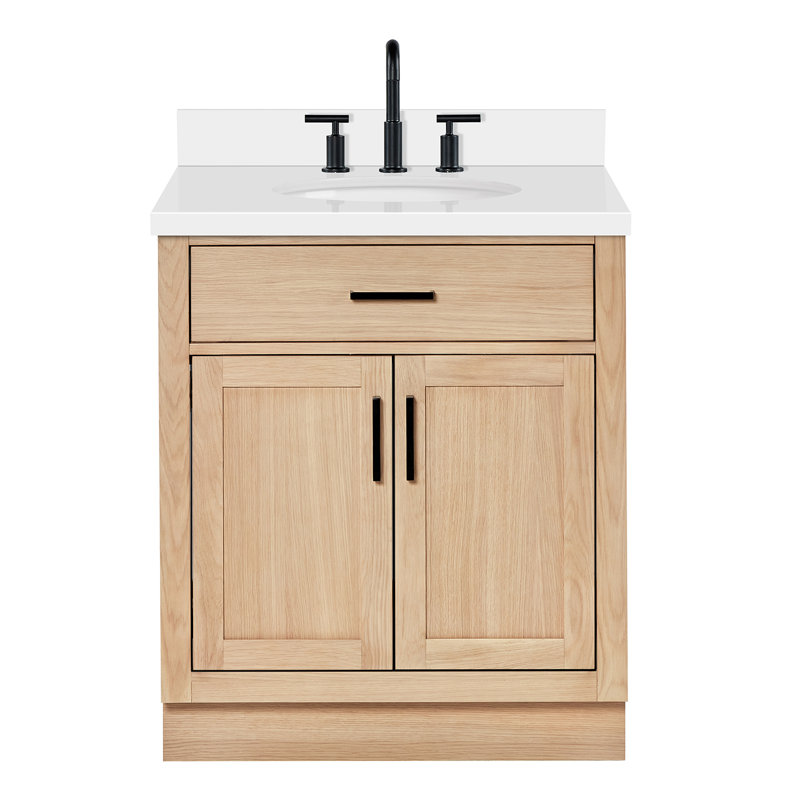 Meuble-lavabo simple 30 po en bois massif avec plateau en quartz 1,5 po Thornaby, Chêne naturel / noir mat, Ovale
