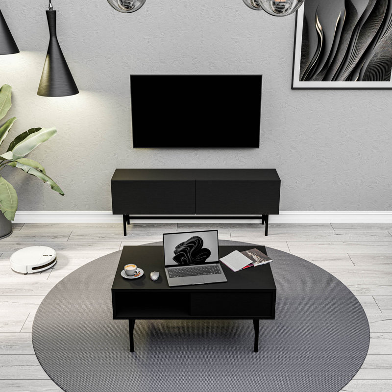 Ensemble de meubles de salon modernes, noir | Meuble télé (54,3 x 19,7 x 11,6 pouces) et table basse (35,4 x 21,3 x 15,6 pouces) | Panneau de particules 100% mélaminé, fixation murale, tablettes multiples pour le rangement et la présentation