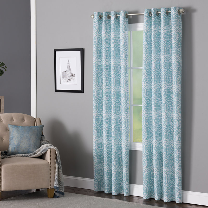 Jimena Polyester / Cotton Light-Filtering Batik Print Curtain Panel with Grommet Top, Teal/White, 50" x 63"