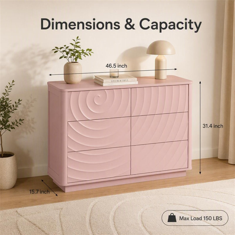 Commode 6 tiroirs de 46,5 po de largeur avec rangement moderne en bois Ripple, Rose