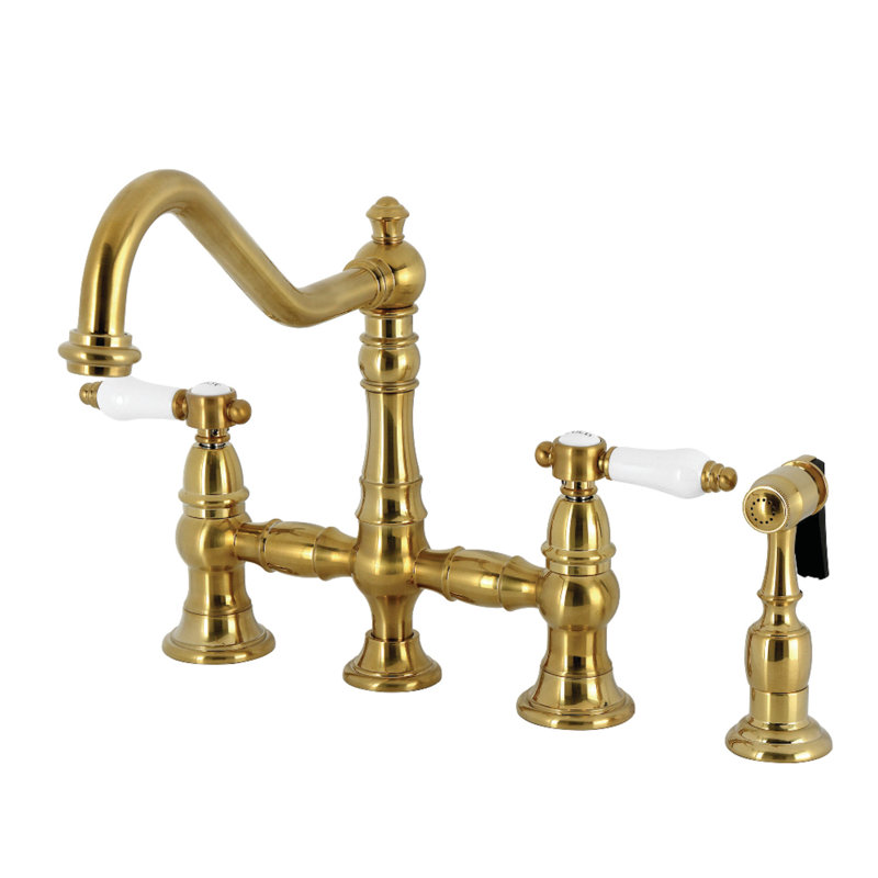 Kingston Brass Bel-Air Two-Handle 4-Hole Deck Mount Bridge Kitchen Faucet With Brass Side Sprayer, Brushed Brass