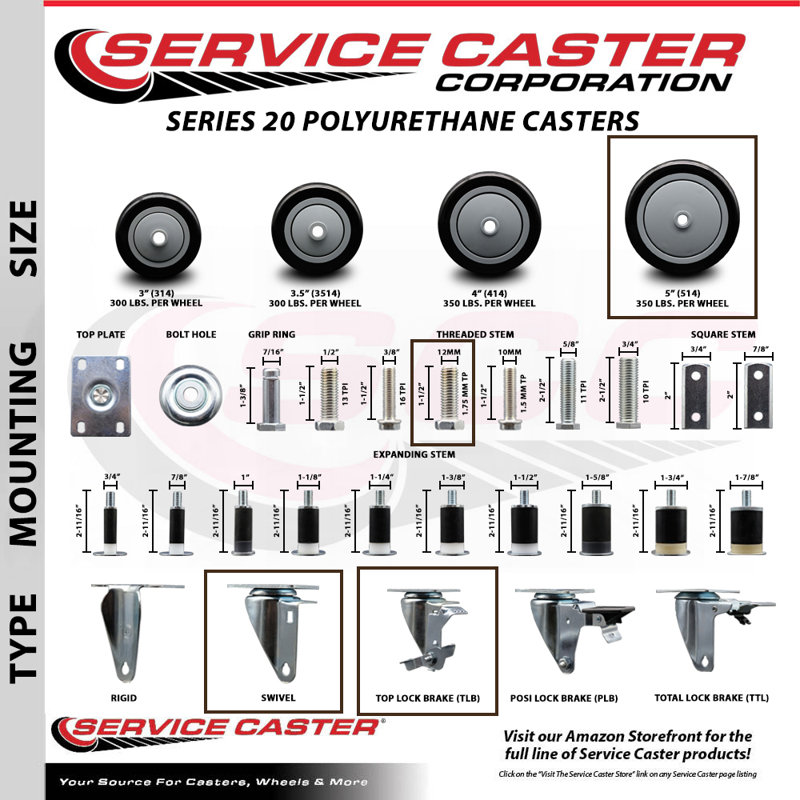 Ensemble de frein à roulettes à tige filetée en polyuréthane noir de 5 pouces 316SS 12mm