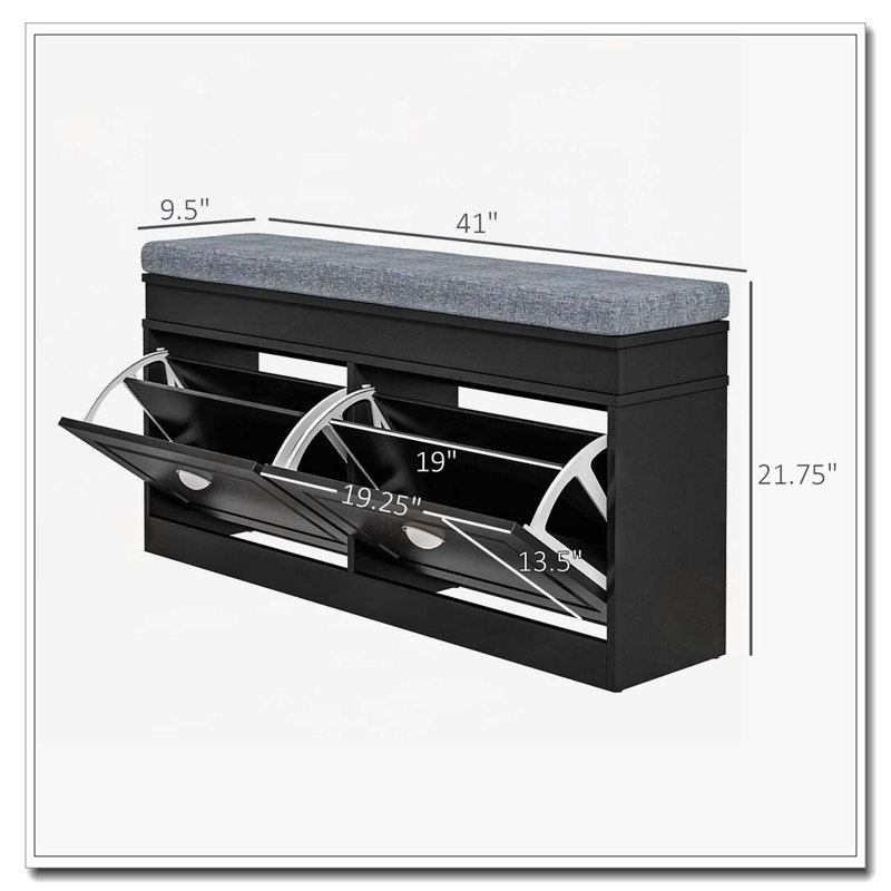 Banc à chaussures pour vestibule, rangement avec coussin, 2 tiroirs, tablette réglable, Gris / Noir