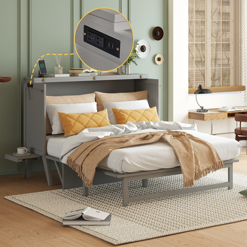 Grand lit escamotable peu encombrant avec station de charge, bois gris pour maison moderne