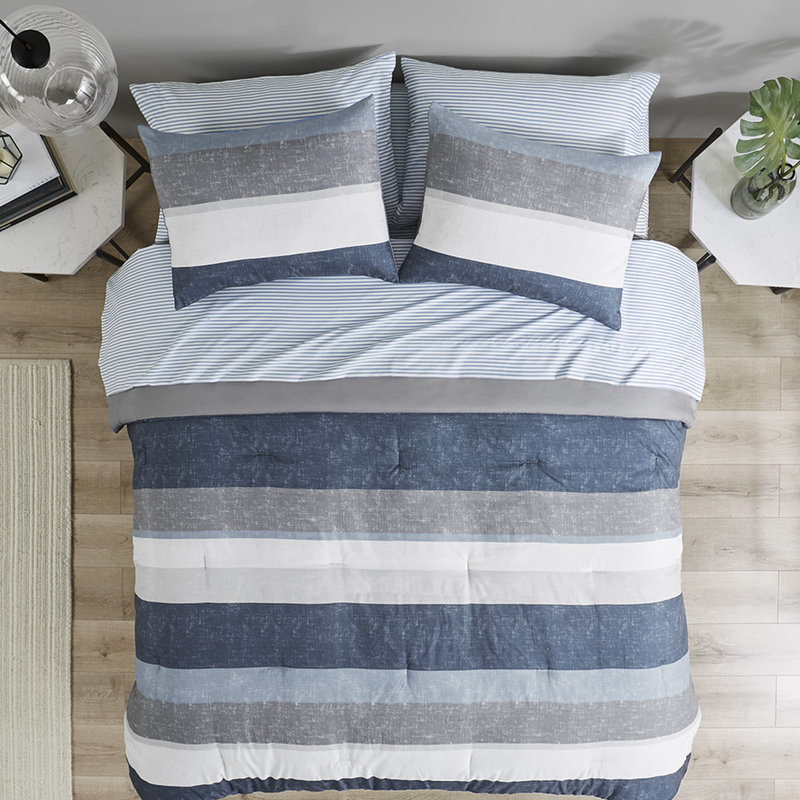 Chambre à coucher moderne avec édredon à rayures grises, bleu marine et bleues - Draps en microfibre de rembourrage pour lit simple jusqu'à 12 po