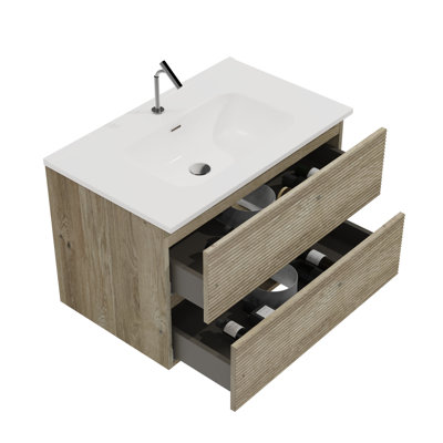 30" Wall Mounted Rough Oak&Rough Oak Bathroom Vanity with Integrated Ceramic Sink with Overflow