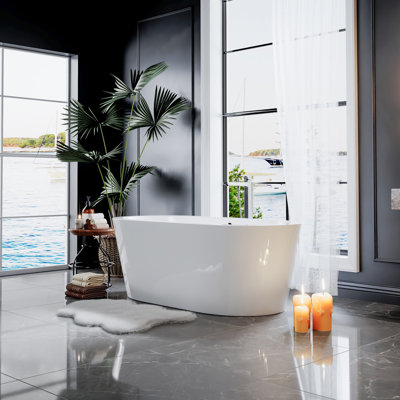 Empava 59 In. X 31.5 In. Freestanding Flat Bottom Bath Tub Oval Soaking Bathtub With Center Drain In White