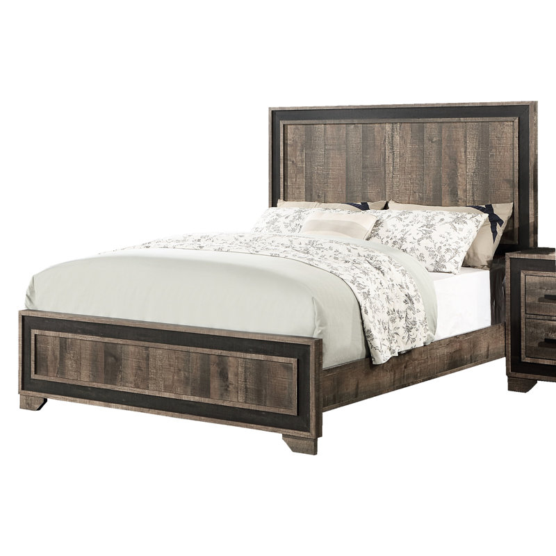 Grand lit avec tête de lit en bois, mobilier de chambre à coucher au fini chêne