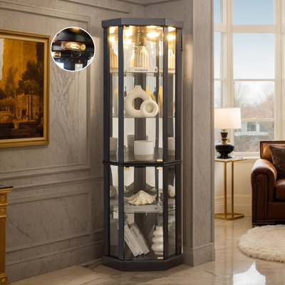Corner Curio Cabinet, 70" H Lighted Glass Display Cage with Tempered Glass Doors & 3 Adjustable Shelves, Light Bulb Inclued, Wine Bar China Cabinet for Living Room, Kitchen
