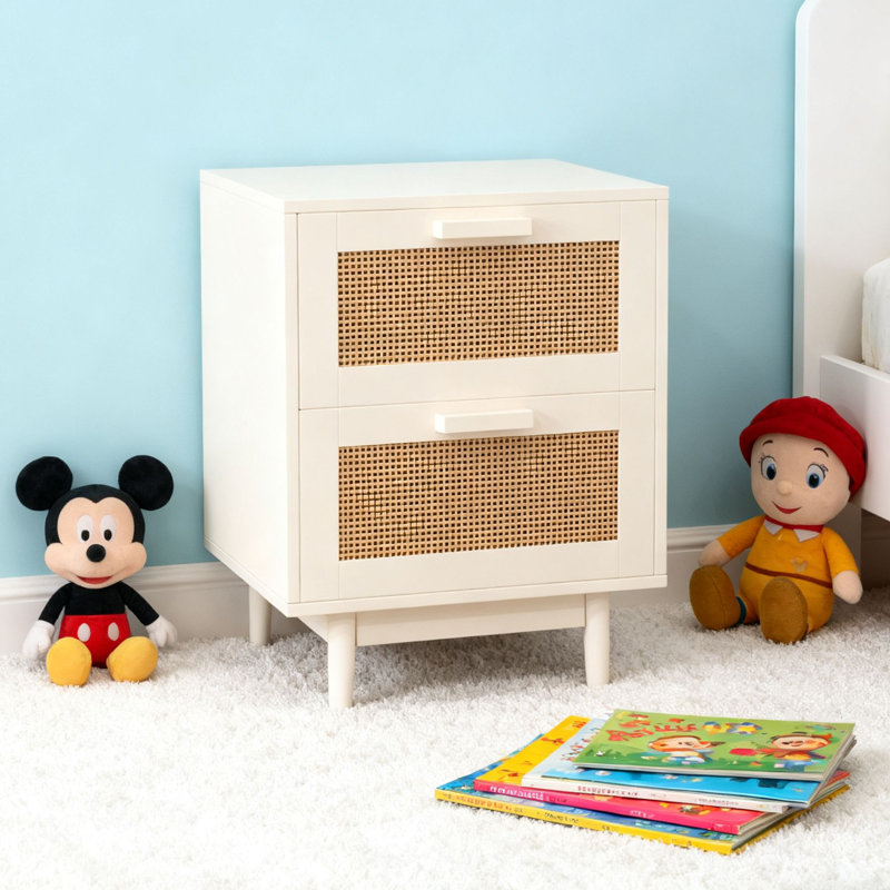 Boho 2 - Drawer Rattan Nightstand with Wood Construction for Bedroom