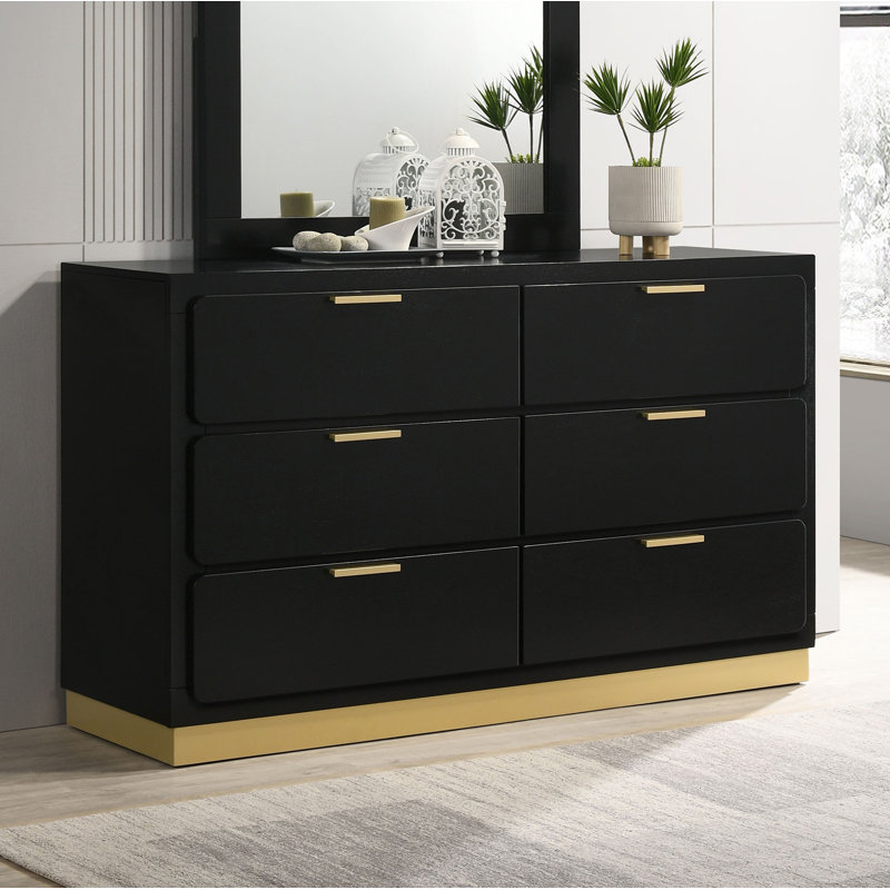 Freret 59" W 6-Drawer Solid and Manufactured Wood Dresser with Mirror, Black