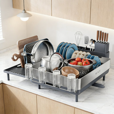 Expandable Stainless Steel Dish Drying Rack For Kitchen Counter, Space Saving Extra Large Drainer With Flip Up Pegs And Removable Utensil Caddy, Rust-Proof 304 Steel Design