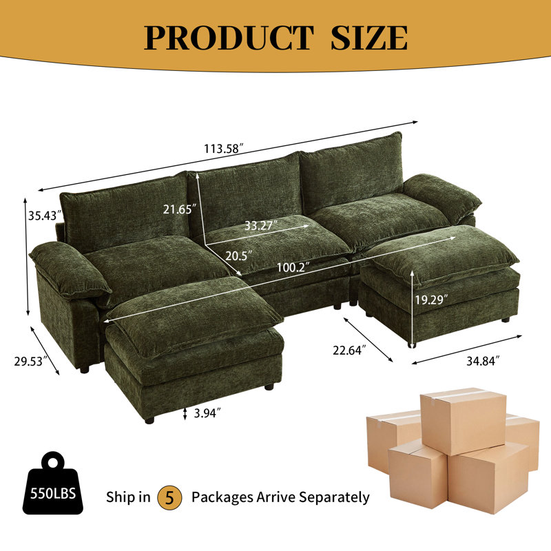 Canapé 113,58 "en chenille rembourré, canapé Cloud avec 2 repose-pieds, Chenille verte