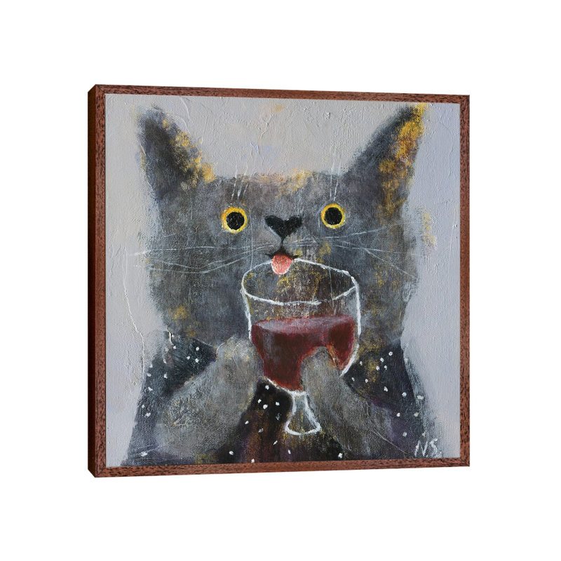 The Cat With Glass Of Wine by Natalia Shaloshvili - Painting on Canvas, Classic Brown Wood Framed