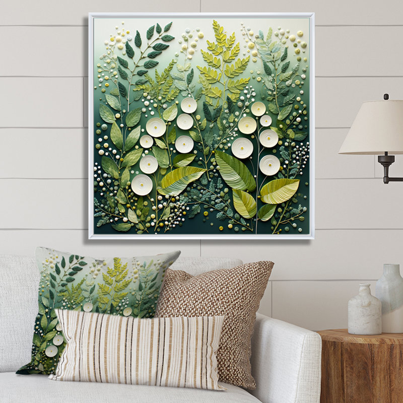 Fougères vertes et blanches, plante, éthéré, chuchotements - impression, H 24 po x l 24 po x P 1 po, Cadre flottant blanc