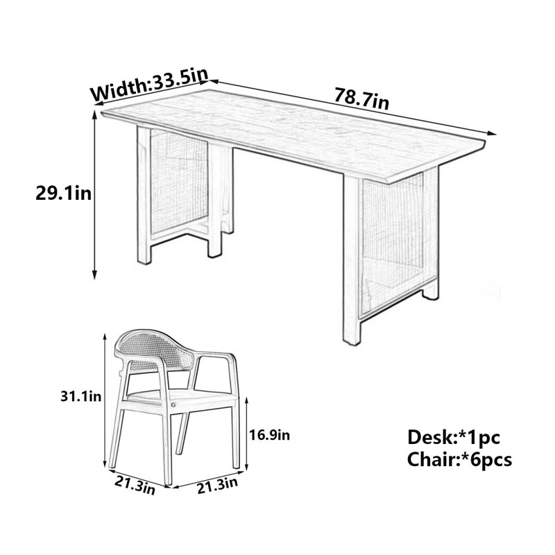 Table de salle à manger moderne en bois de frêne massif avec rotin, H 29,1 po x L 78,7 po x l 33,5 po